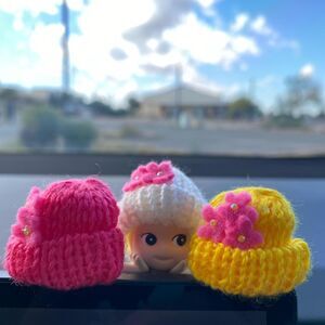 Sonny Angel Beanie Hat, 3 Beanies, Cream, Pink  Yellow Beanie with Pink Flowers